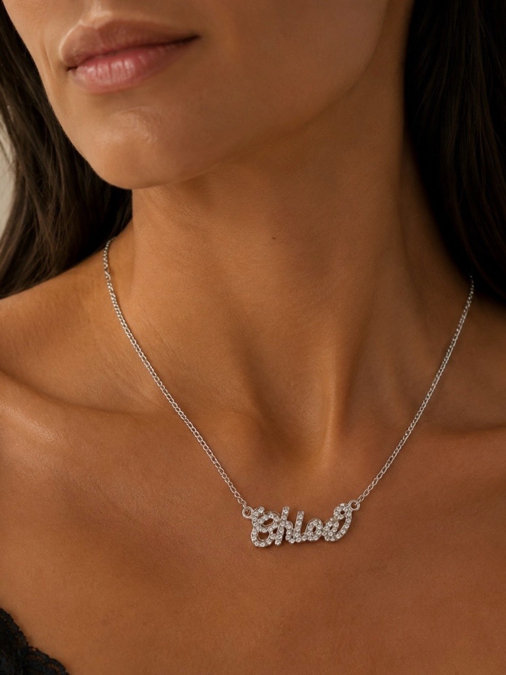 CHLOE Silver Chain Necklace with Rhinestone Pendant